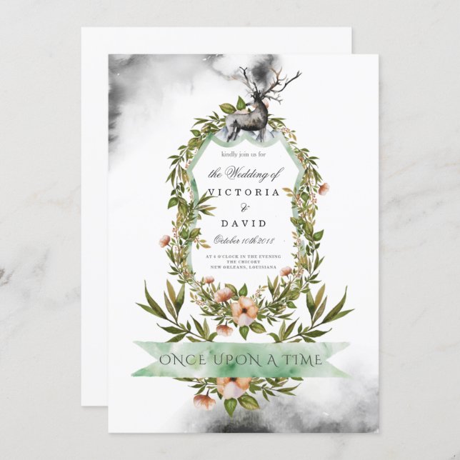 Wedding Invitation Enchanted Forest Stag Floral (Front/Back)