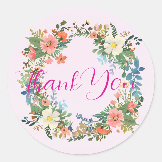 Wedding invitation envelope stickers, pink wreath classic round sticker (Front)
