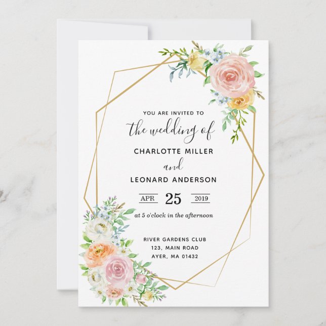 Wedding invitation floral dusk pink and gold (Front)