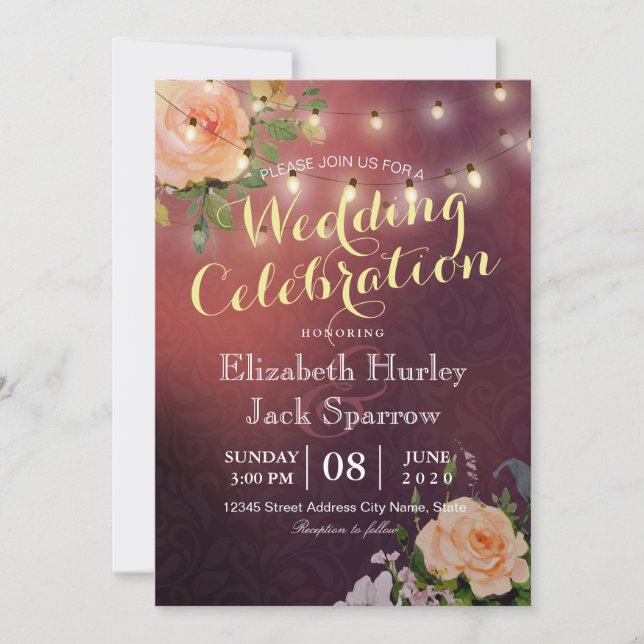 Wedding Invitation Floral & String Lights Burgundy (Front)