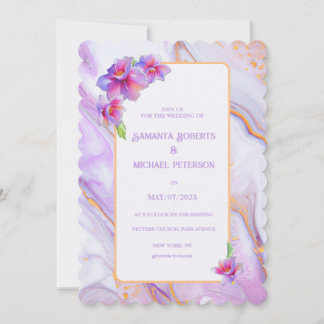 Wedding Invitation Flowers and Gold Purple Marble