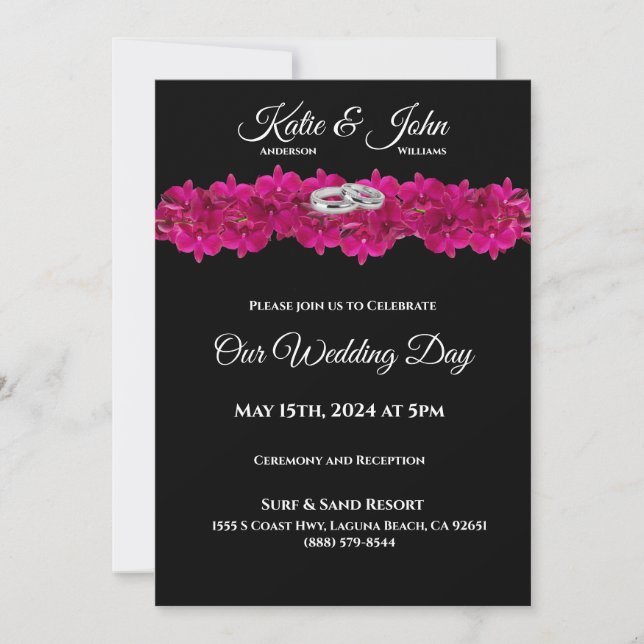 Wedding Invitation-Fuchsia Orchids on Black- Invitation (Front)