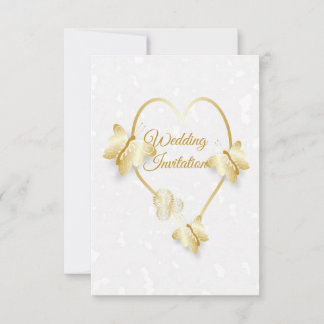 Wedding Invitation Gold Coloured Heart Butterflies