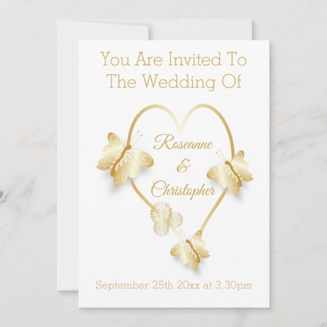 Wedding Invitation Gold Coloured Heart Butterfly (Front)