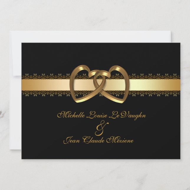Wedding invitation gold hearts on black (Front)
