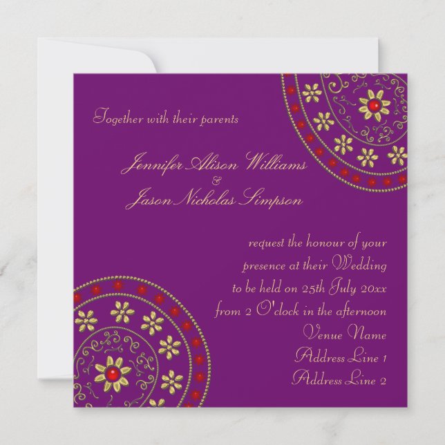 Wedding Invitation Gold & Jewels Indian Inspired (Front)