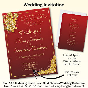 Wedding Invitation Gold Rose Flowers Maroon Red 