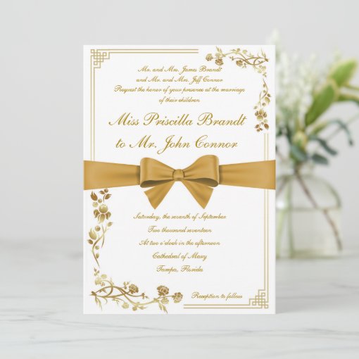 Wedding invitation golden ribbon | Zazzle