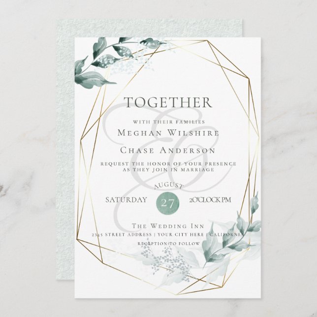 Wedding Invitation | Grayed Jade Green Botanical (Front/Back)