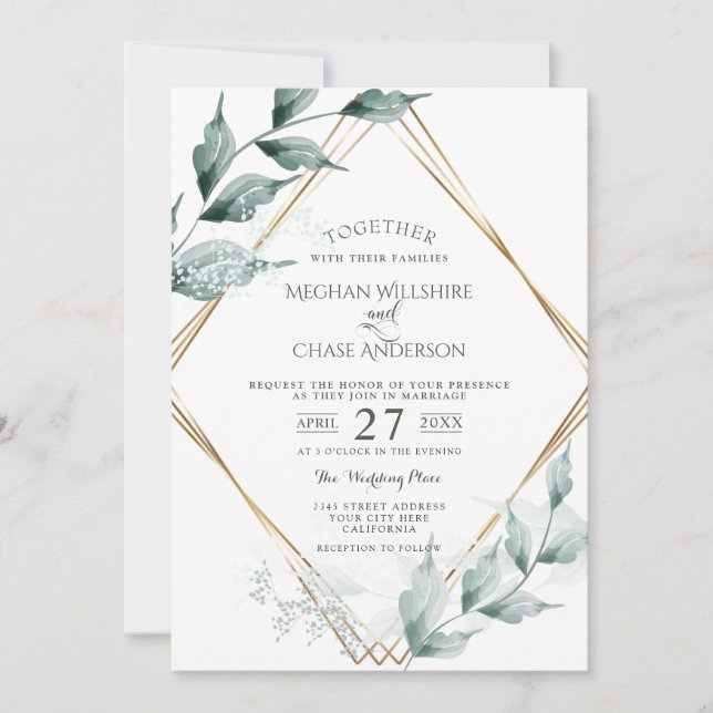 Wedding Invitation | Grayed Jade Green Botanical (Front)