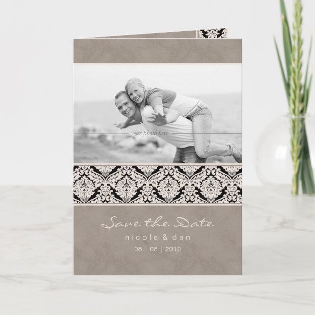 Wedding Invitation Greeting Card Beige Damask (Front)