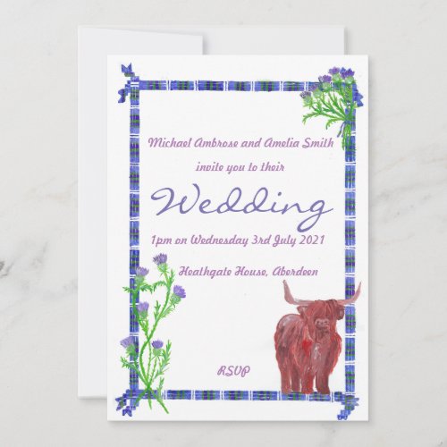 wedding invitation highland cow tartan thistle