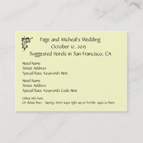 Wedding Invitation Hotel  Reservation Suggestion Business Cards