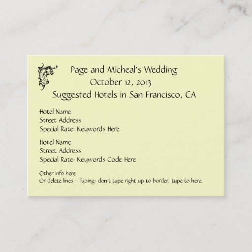 Customizable Wedding Invitation Hotel  Reservation Suggestion Business Cards