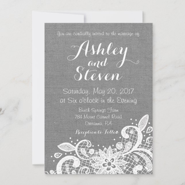 Wedding Invitation in Gray Burlap and Lace (Front)