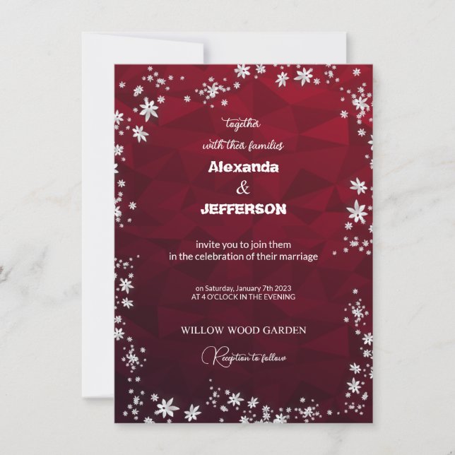 wedding Invitation in polygon maroon background (Front)