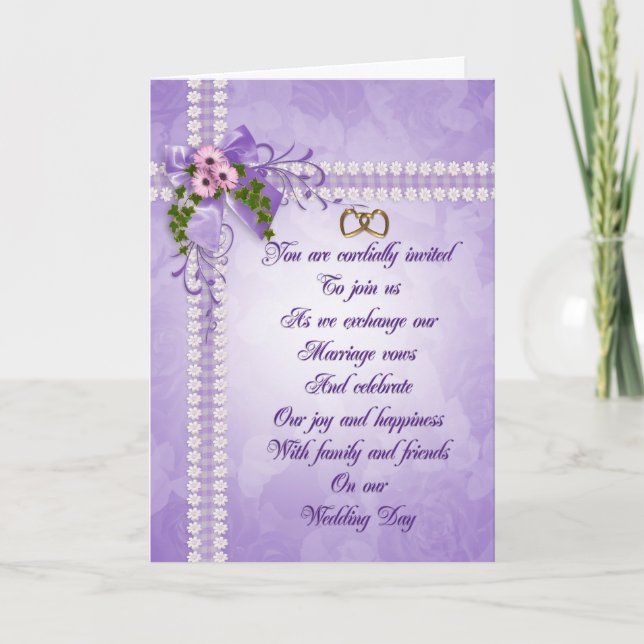 Wedding invitation Lavender Daisies and  ribbons (Front)