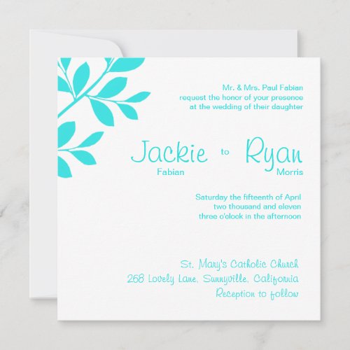 Wedding Invitation Leaf Branch Turquoise Blue