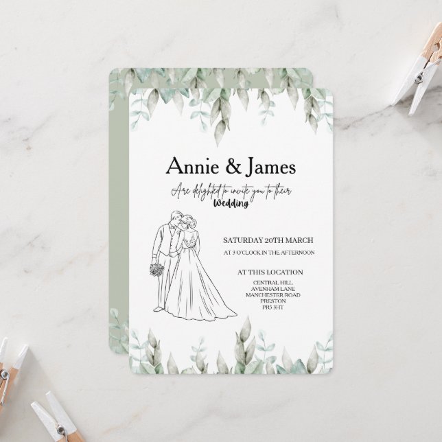 Wedding Invitation minimalist line art couple (Front/Back In Situ)
