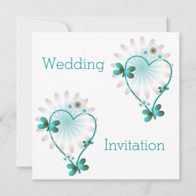 Wedding Invitation Mint Heart And Butterflies (Front)