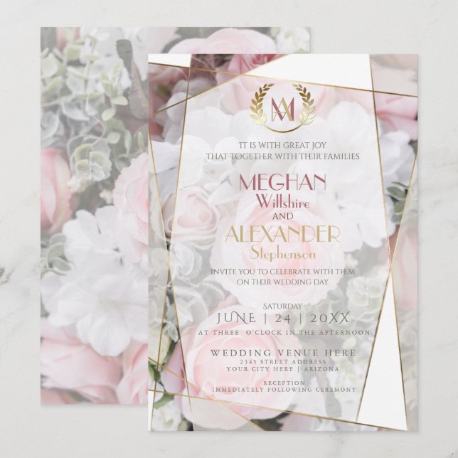 Wedding Invitation |  Modern Geometric Pink Roses (Front/Back)
