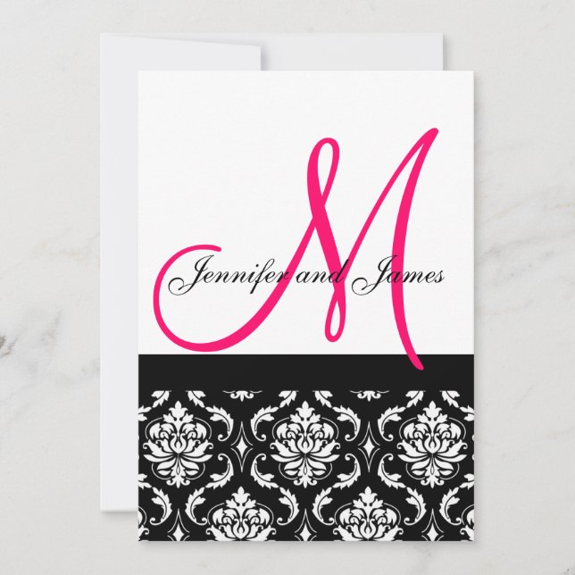 Wedding Invitation Monogram Black Pink Damask (Front)