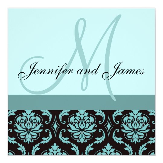 Wedding Invitation Monogram Blue Damask