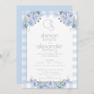 Wedding Invitation Monogram Blue Gingham Floral