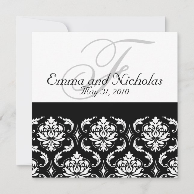Wedding Invitation Monogram Damask Black & White (Front)