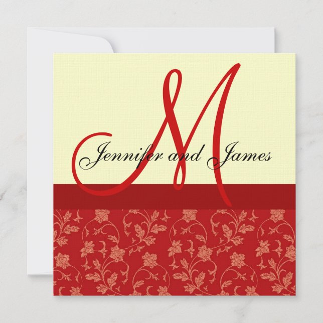 Wedding Invitation Monogram Floral Red Cream (Front)