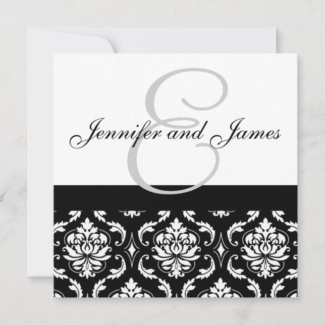 Wedding Invitation Monogram Names Black Damask (Front)