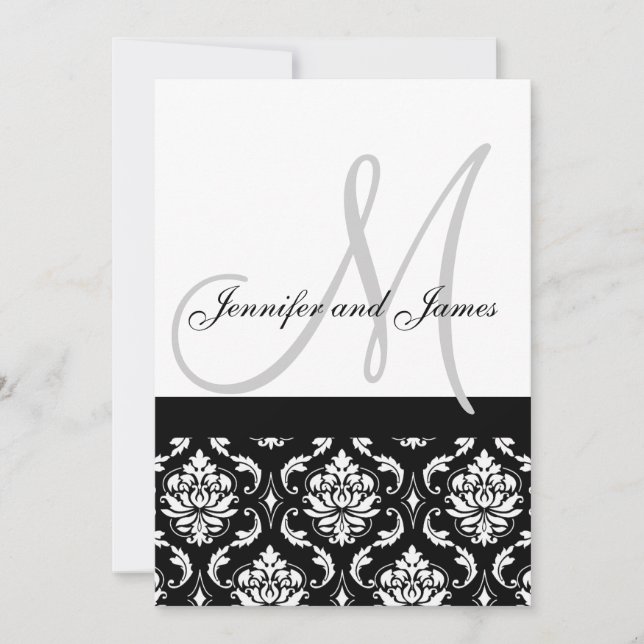 Wedding Invitation Monogram Names Black Damask (Front)