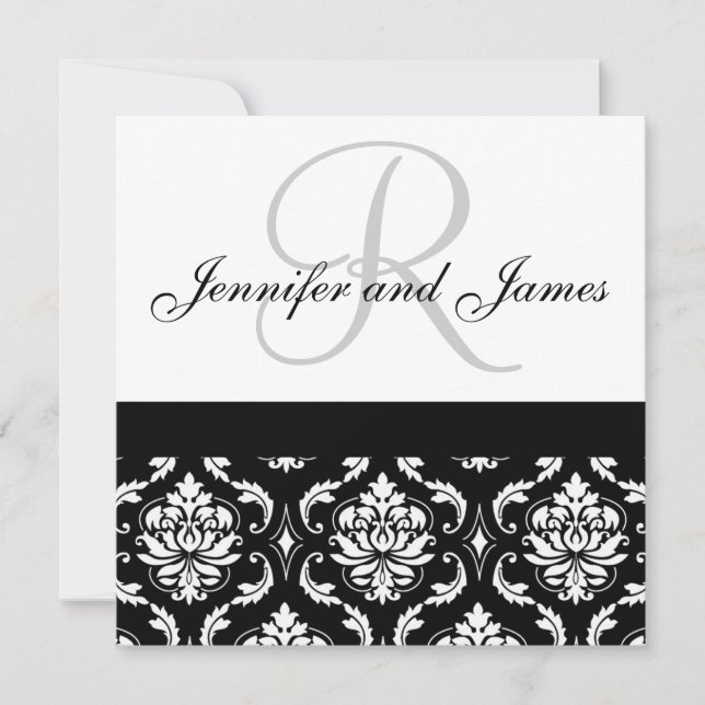 Wedding Invitation Monogram Names Black Damask (Front)