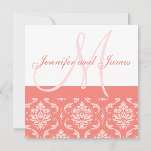 Wedding Invitation Monogram Names Coral Damask