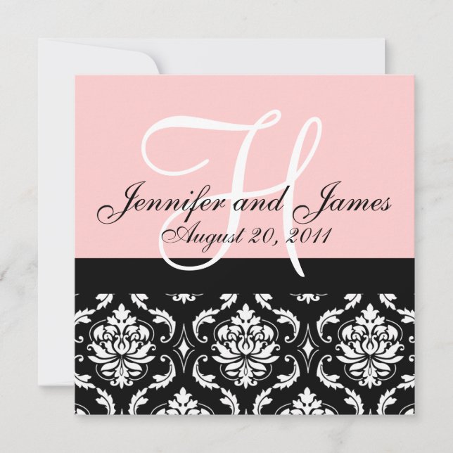 Wedding Invitation Monogram Names Date Pink Damask (Front)