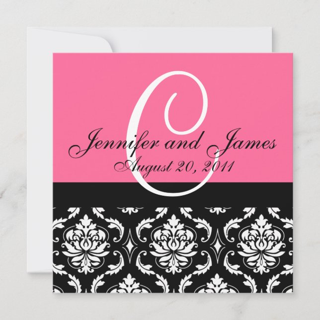 Wedding Invitation Monogram Names Date Pink Damask (Front)