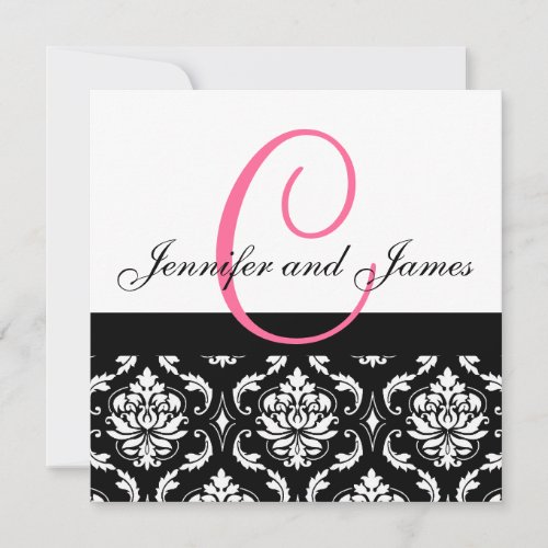 Wedding Invitation Monogram Names Hot Pink Damask
