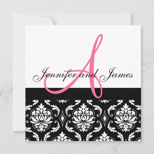 Wedding Invitation Monogram Names Hot Pink Damask