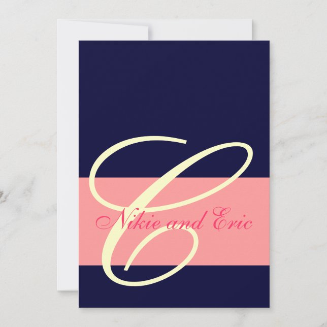 Wedding Invitation Monogram Names Pink, Ivory Navy (Front)
