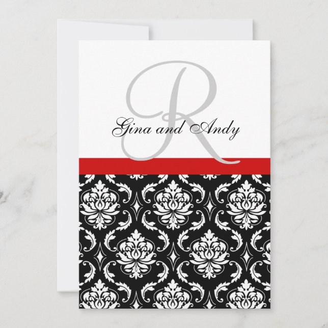 Wedding Invitation Monogram Names Red Damask (Front)