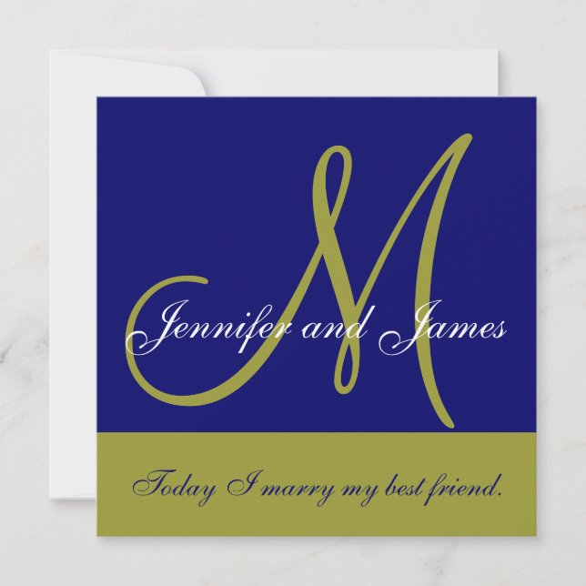 Wedding Invitation Monogram Saying Name Green Navy (Front)