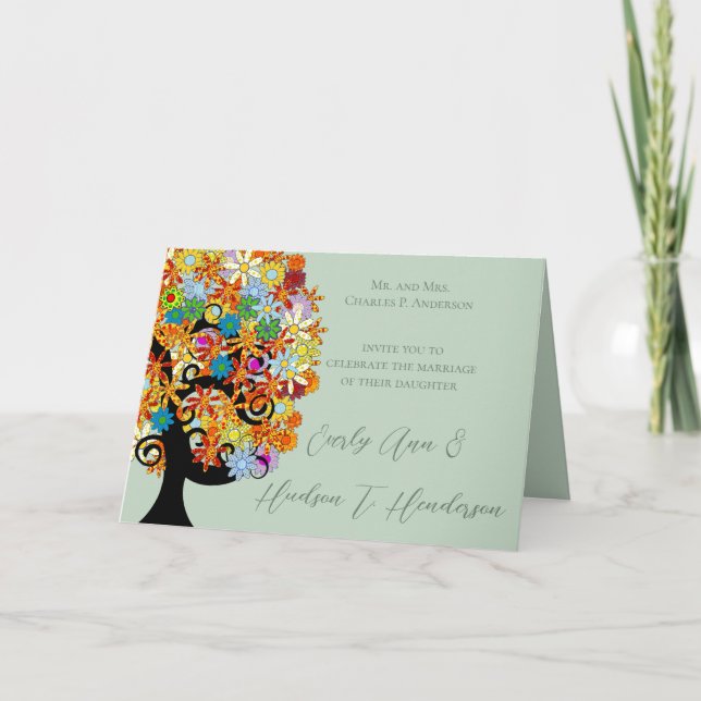 Wedding Invitation -Multi-Colored Flower Love Tree (Front)
