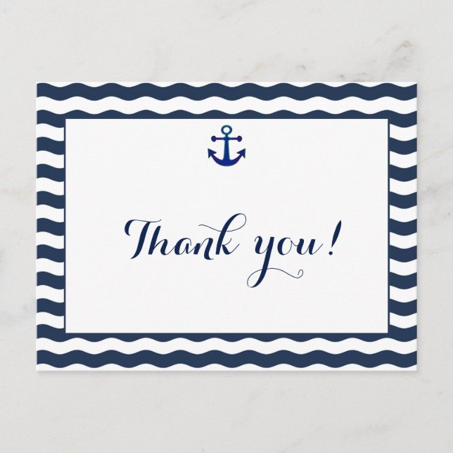 Wedding Invitation | Nautical Navy Waves Thank You Postcard (Front)