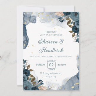 Wedding Invitation Navy Alcohol Ink Floral Backgro