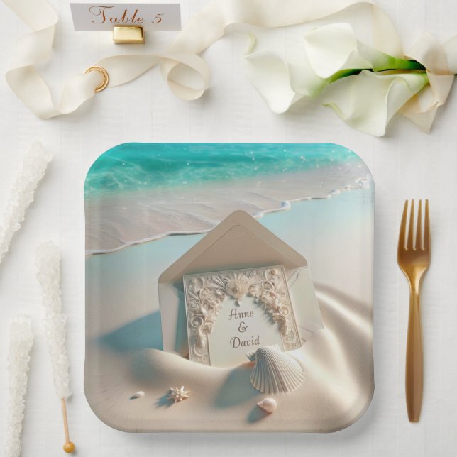 Wedding Invitation On Beach Sand Paper Plates (Wedding)