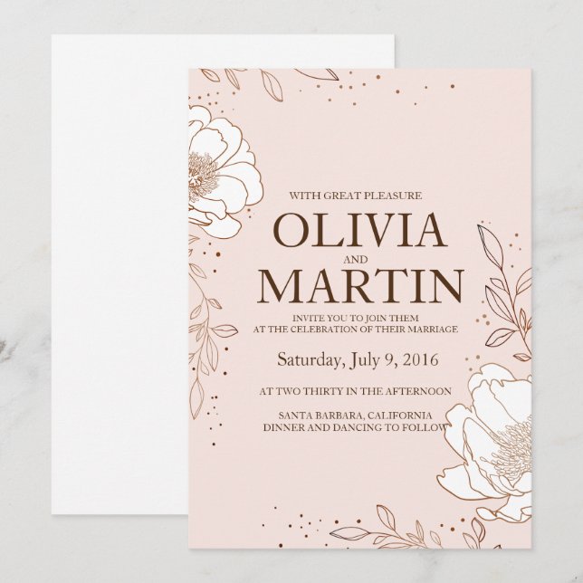 Wedding invitation Peony Rose Gold foil stamping (Front/Back)
