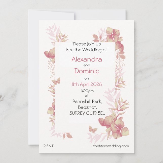 Wedding Invitation - pink floral butterfly motif (Front)