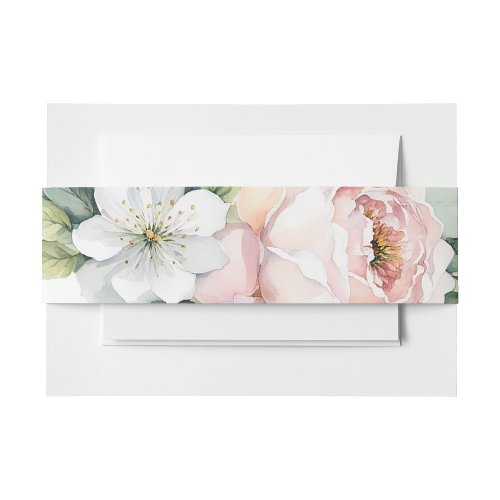 Wedding Invitation Pink Peonies Apple Blossoms Invitation Belly Band