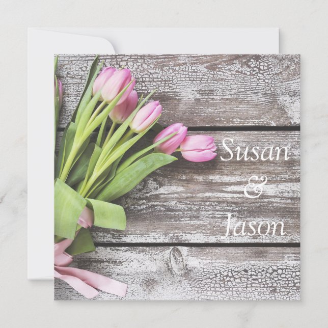 Wedding Invitation--Pink Tulips & Wood Invitation (Front)