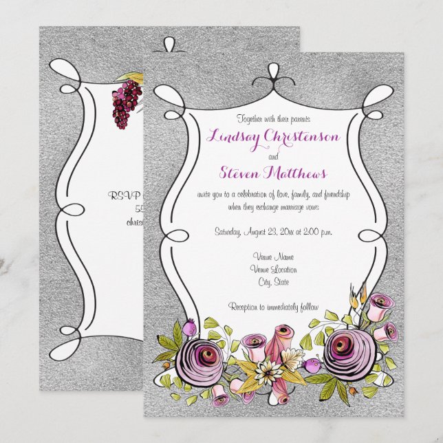 Wedding Invitation | Plum, FAUX Silver Foil Floral (Front/Back)